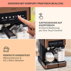 Klarstein Espresso Siebträgermaschine mit Milchaufschäumer, 1,8L Mini-Espressomaschine mit Siebträger, 20 Bar, Edelstahl, Klein, 0,5L Milchtank, 1350W Kaffeemaschine für Gemahlenen Kaffee