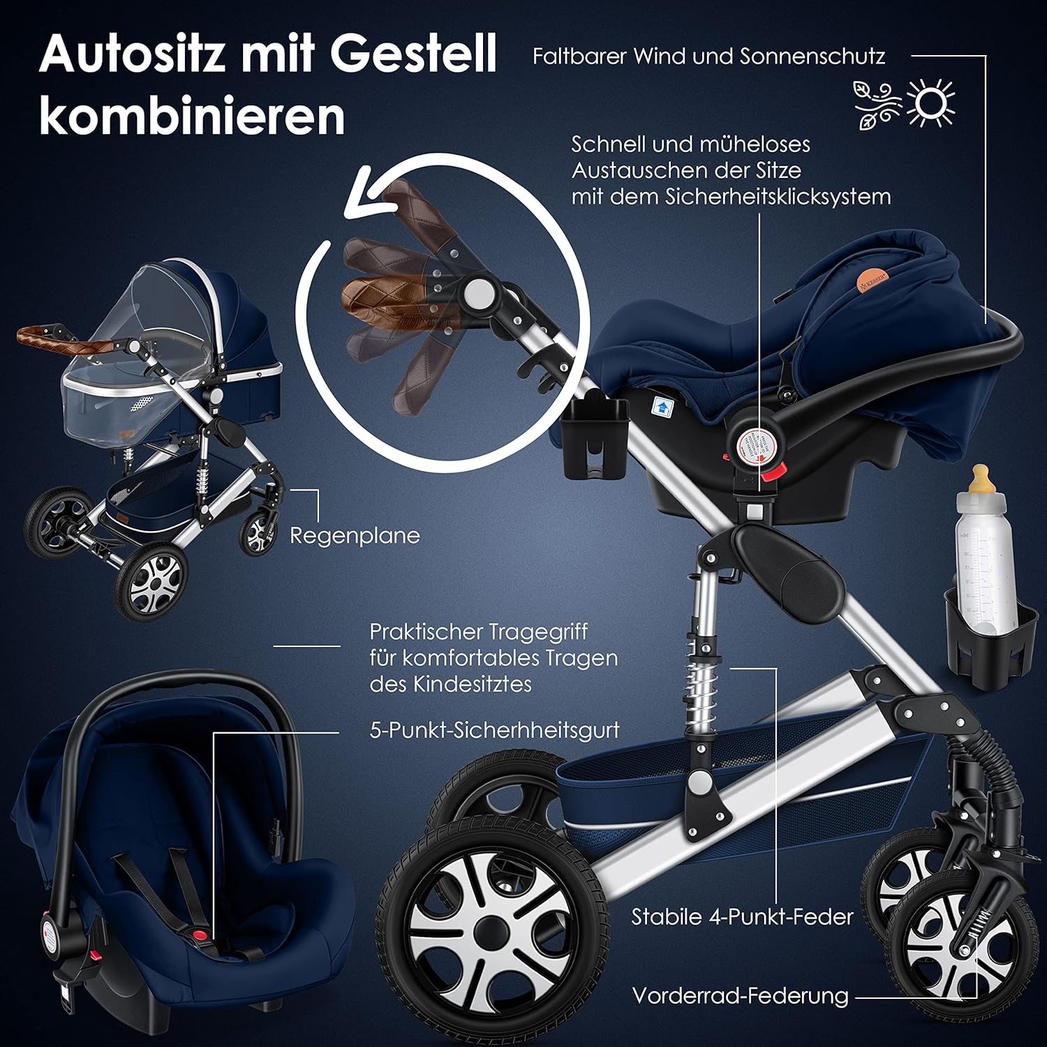 KESSER Loops 3 in 1 Kinderwagen Kombikinderwagen Komplett-Set inkl. Babywanne & Buggy Sportsitz & Auto-Babyschale Voll-Gummireifen Wickeltasche Regenschutz Kindertisch ECE R129, Schwarz/Champagne