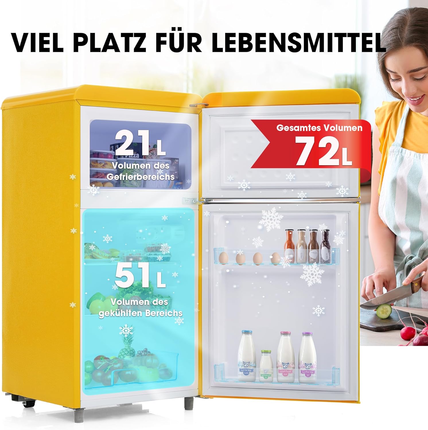 Merax Kühlschrank mit Gefrierfach, Kühl-Gefrierkombination, klein Kühlschrank mit 51L und Gefrierschrank 21L, Leise, LED, Glasablagen, Gemüsefach, Türablagen, für Küche, Wohnzimmer, Büro, Schwarz