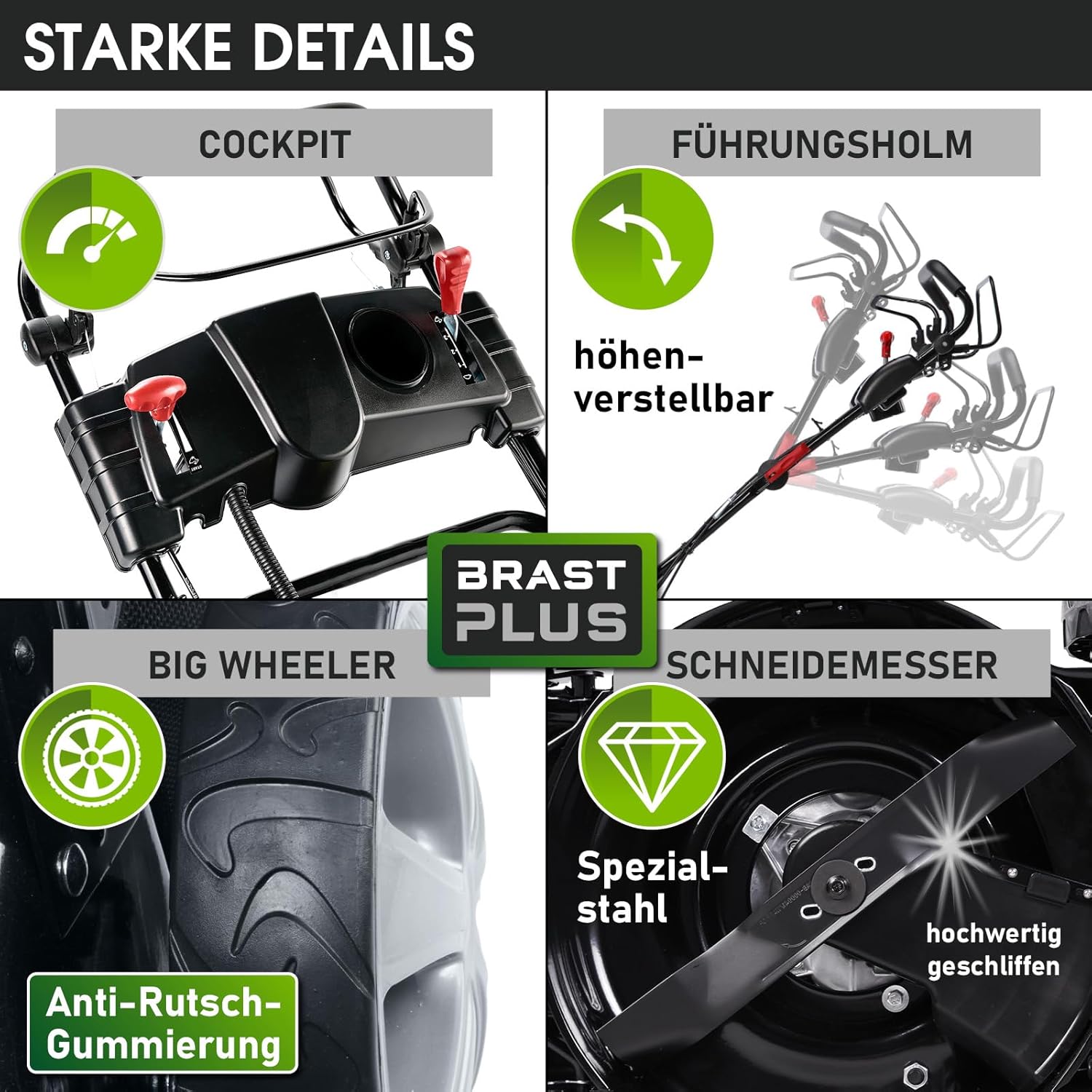 BRAST Benzin Rasenmäher mit Antrieb | 5,2kW(7PS) | Elektrostart | 48cm Schnittbreite | viele Modelle | TÜV | 4 Takt OHV Motor | 30-80mm Schnitthöhe | 60L Fangkorb | Stahlgehäuse | 19224 ESTART Speed