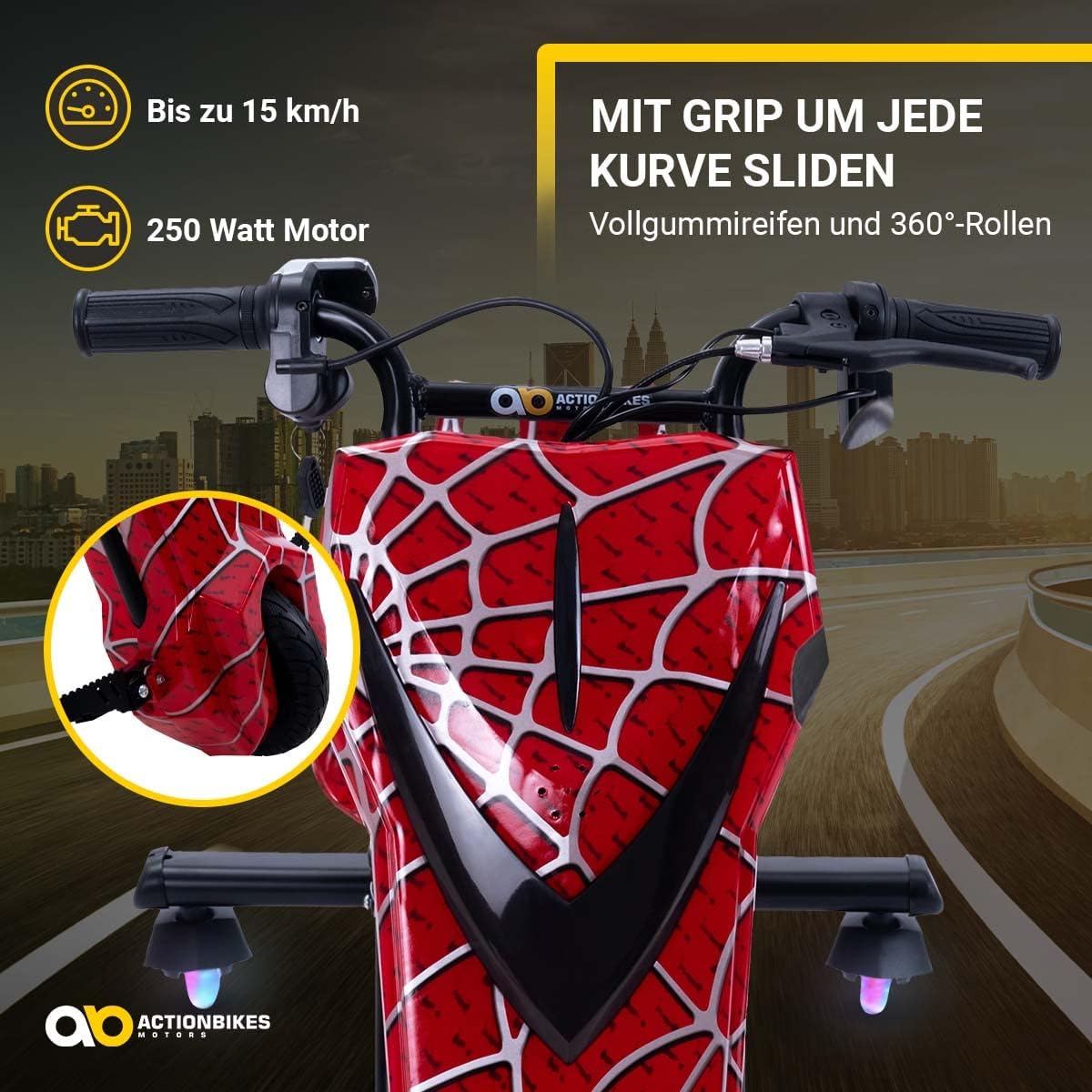 Actionbikes Motors Kinder Elektro Driftscooter | 𝟐𝟓𝟎 Watt Motor - Drift Cart 360°- 3 Geschwindigkeitsstufen - LED-Beleuchtung - Sitz verstellbar - Bluetooth - Drift Kart - Drift Auto (Space Purple)