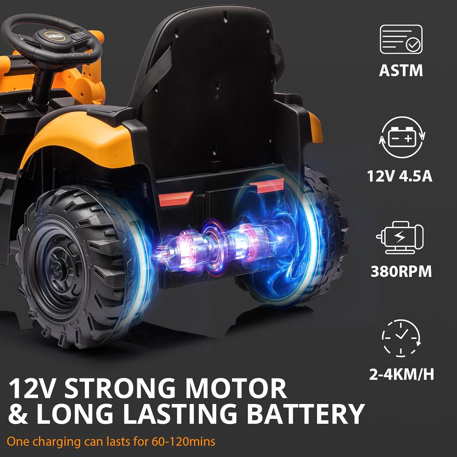 4 in 1 Elektro Bagger & Bulldozer, 12V Kinder Elektrofahrzeuge mit Fernbedienung, Frontlader, Bagger, Hupe, Eva-Reifen, Gelb