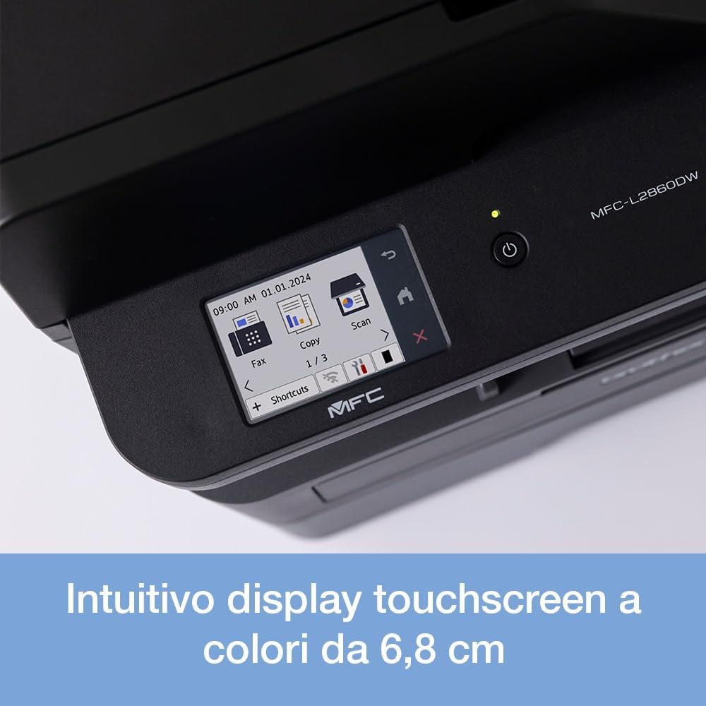 Brother MFC-L2860DWE 4-in-1-Multifunktions-Laserdrucker, 34 ppm, Duplexdruck, 6,8 cm Touchscreen-Farbdisplay, Fast Ethernet, WLAN mit 5 GHz und USB 2.0