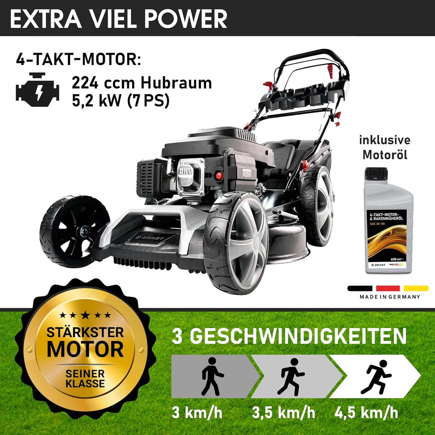 BRAST® Benzin Rasenmäher mit Antrieb | 5,2kW (7PS) | 55cm Schnittbreite | viele Modelle | TÜV | 30-80mm Schnitthöhe | 60L Fangkorb | 4 Takt OHV Motor | Stahlgehäuse | Power