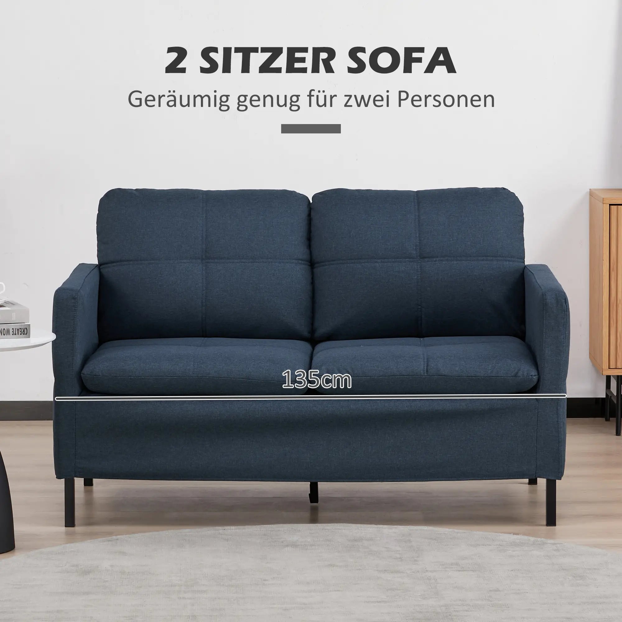 HOMCOM 2-Sitzer Sofa mit Leinenoptik & Stahlbeinen, Dunkelblau