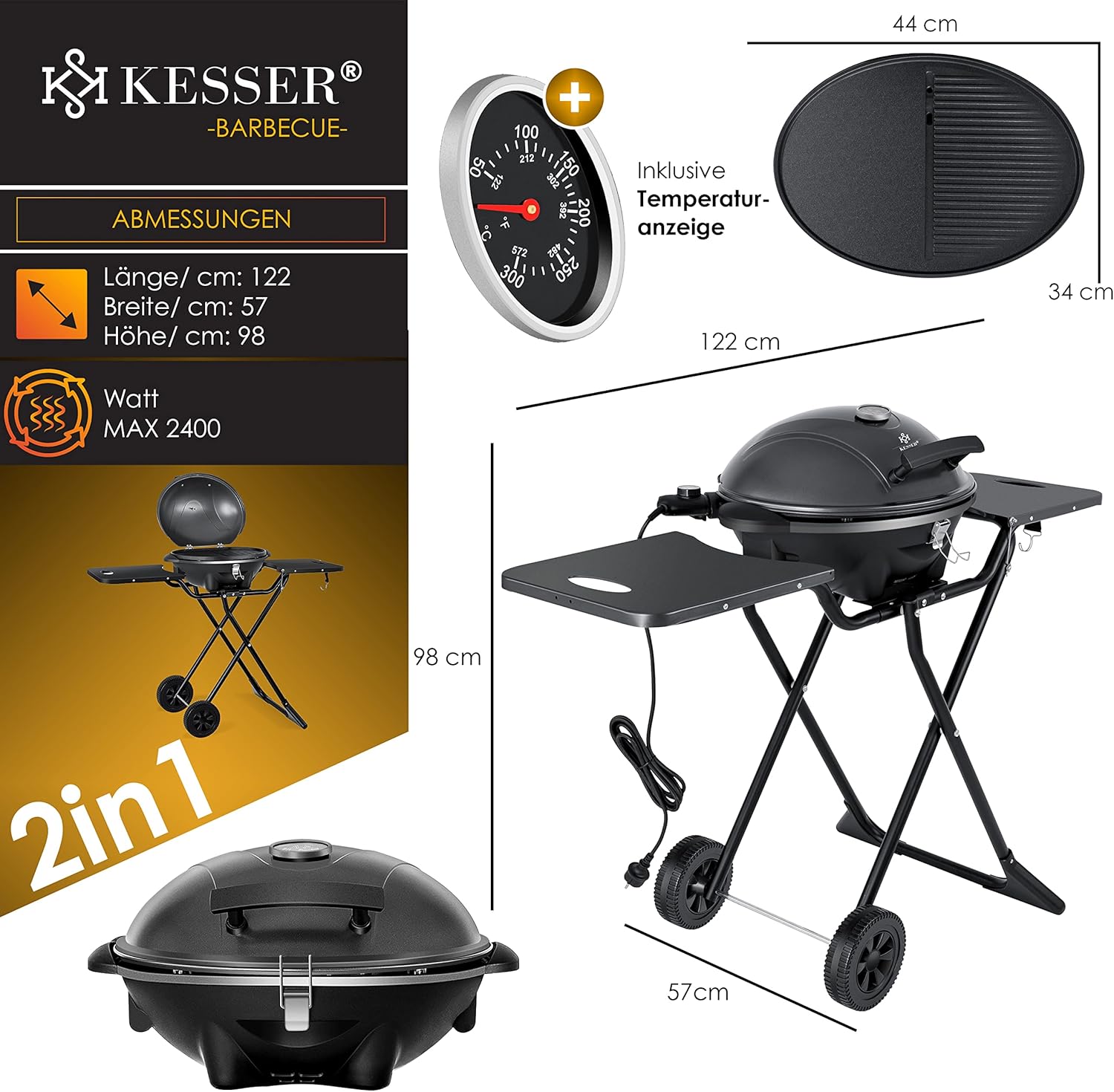 KESSER elektrischer Elektrogrill 2in1 Tischgrill - Standgrill mit Deckel und Standfuß | max. 2400 Watt | Faltbar | Thermostat | Antihaftbeschichtung | Grillplatte Abstelltische | 2 Räder |