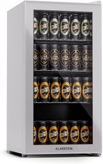 Klarstein Mini Kühlschrank mit Glastür für Zimmer, Getrnkekühlschrank mit Verstellbaren Ablagen, Kleiner 80 Liter, Indoor/Outdoor Kühlschrank Leise