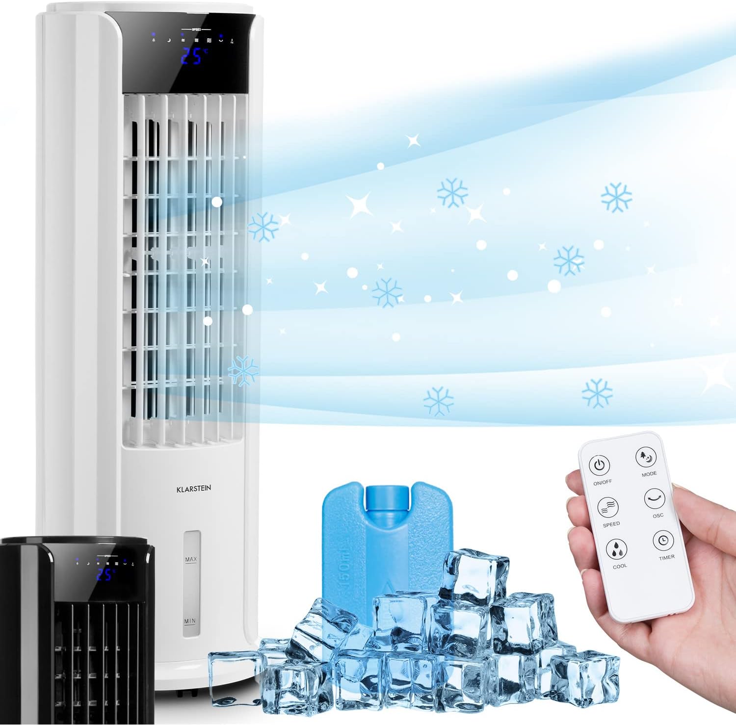 Klarstein Luftkühler mit Wasserkühlung, 4-in-1 Raumkühler, Luftbefeuchter, Ventilator & Nachtmodus, Mobile Klimageräte Luftkühler mit 3,5L Tank & Timer, 60W Air Cooler mit 486 m³/h Luftstrom