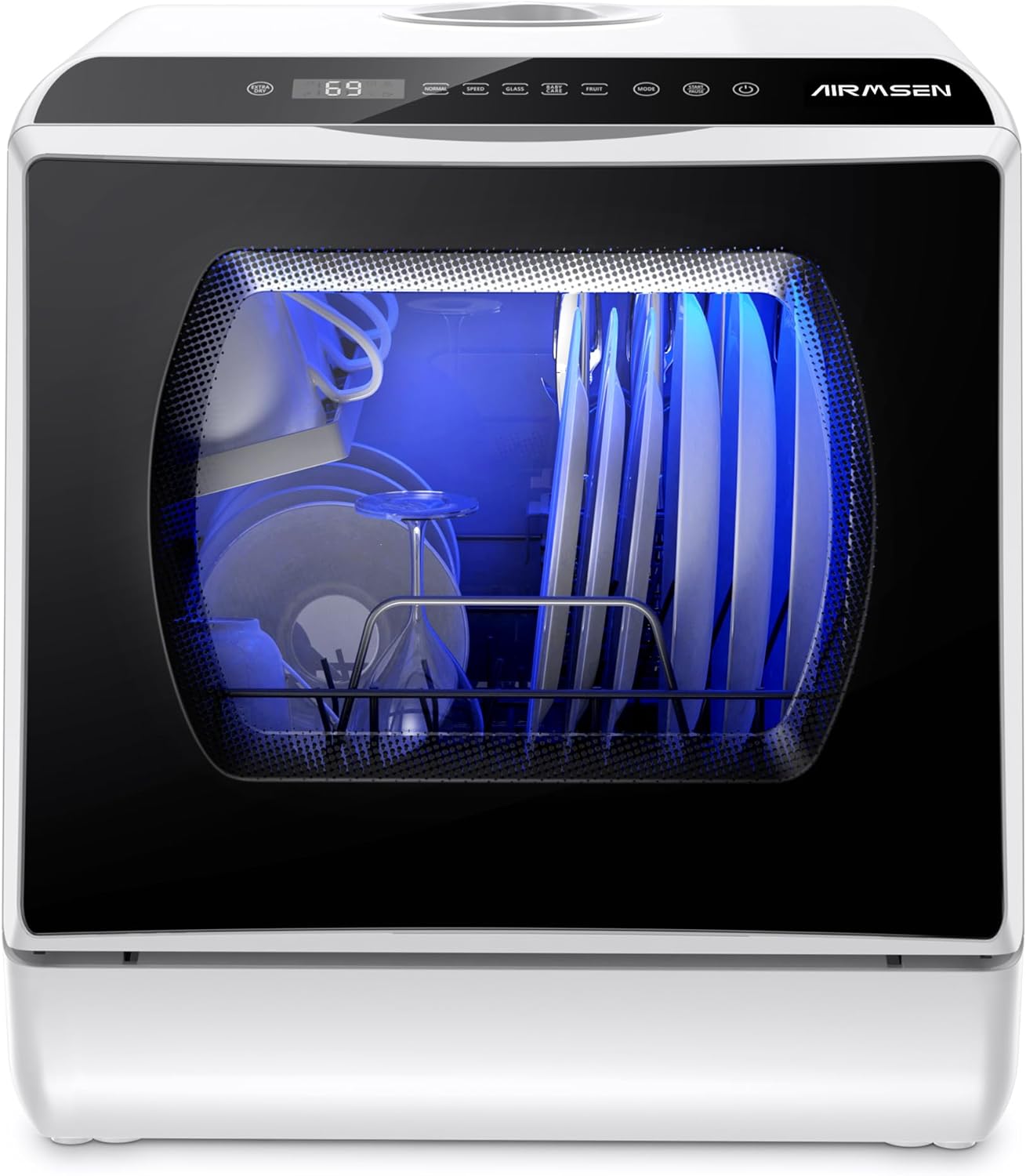 AIRMSEN Mini Geschirrspüler Tischgeschirrspüler mit 5+1 Programme 5L Wassertank, 2 Wege Wasserversorgung, Touch Control & LED-Display, Geeignet für Hausküchen, Wohnungen, Schlafsäle, Weiß & Schwarz