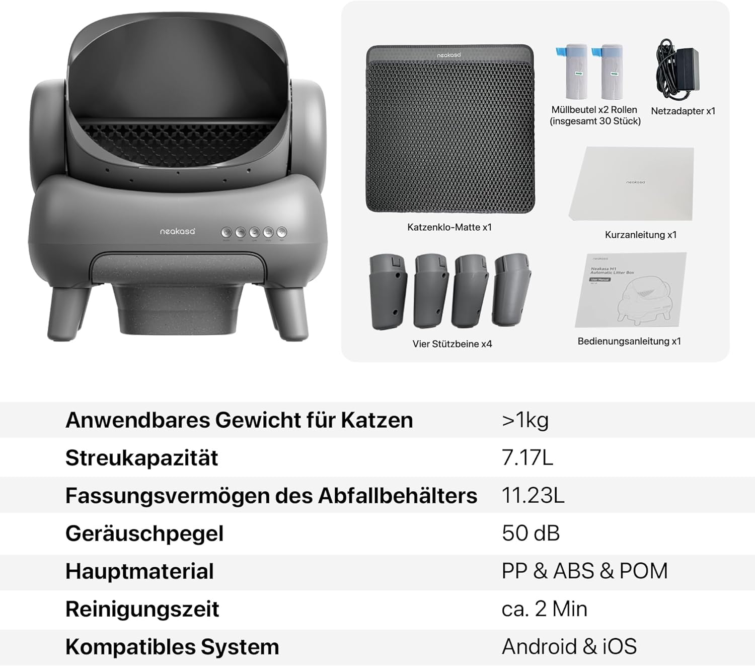 Neakasa M1 Oben offene Katzenklo selbstreinigend Katzentoilette XXL, Geruchsfreie, Hygienisch, App-Steuerung, Große Fassungsvermögen, mit Katzenstreu Matte, Cat Litter Box mit für mehrere Katzen