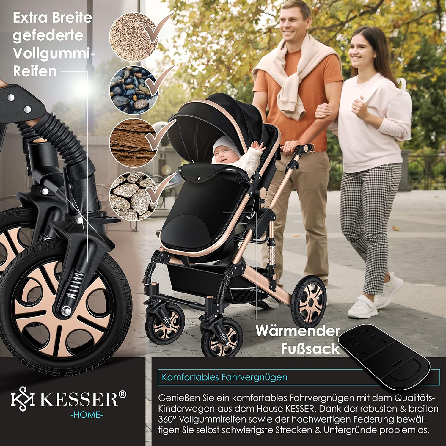 KESSER Loops 3 in 1 Kinderwagen Kombikinderwagen Komplett-Set inkl. Babywanne & Buggy Sportsitz & Auto-Babyschale Voll-Gummireifen Wickeltasche Regenschutz Kindertisch ECE R129, Schwarz/Champagne
