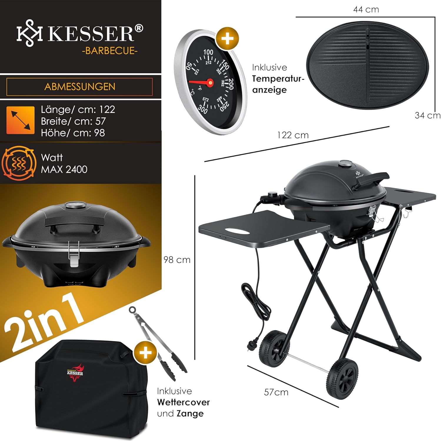 KESSER elektrischer Elektrogrill 2in1 Tischgrill - Standgrill mit Deckel und Standfuß | max. 2400 Watt | Faltbar | Thermostat | Antihaftbeschichtung | Grillplatte Abstelltische | 2 Räder |