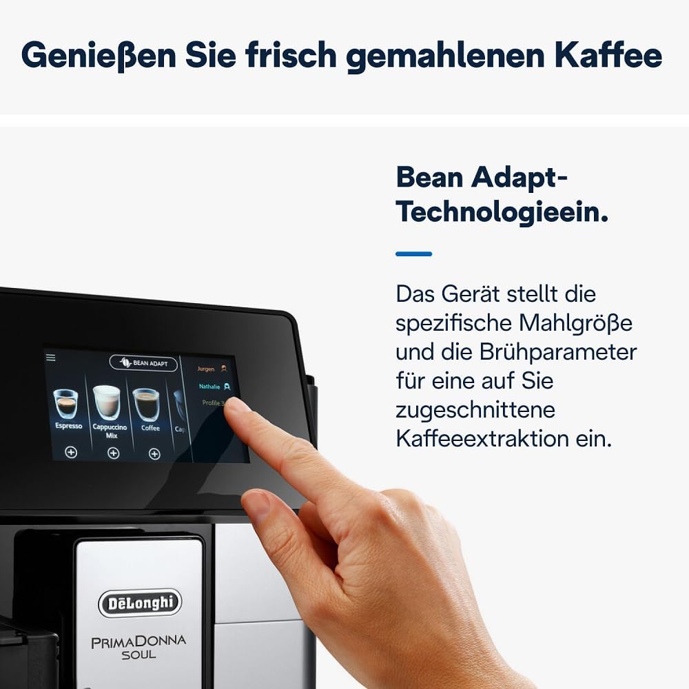 De'Longhi PrimaDonna Soul Perfetto ECAM 612.55.SB Kaffeevollautomat mit LatteCrema Milchsystem und Bean Adapt Technologie, 18 Rezepte, mit Farbdisplay- App-Steuerung, Silber/Schwarz