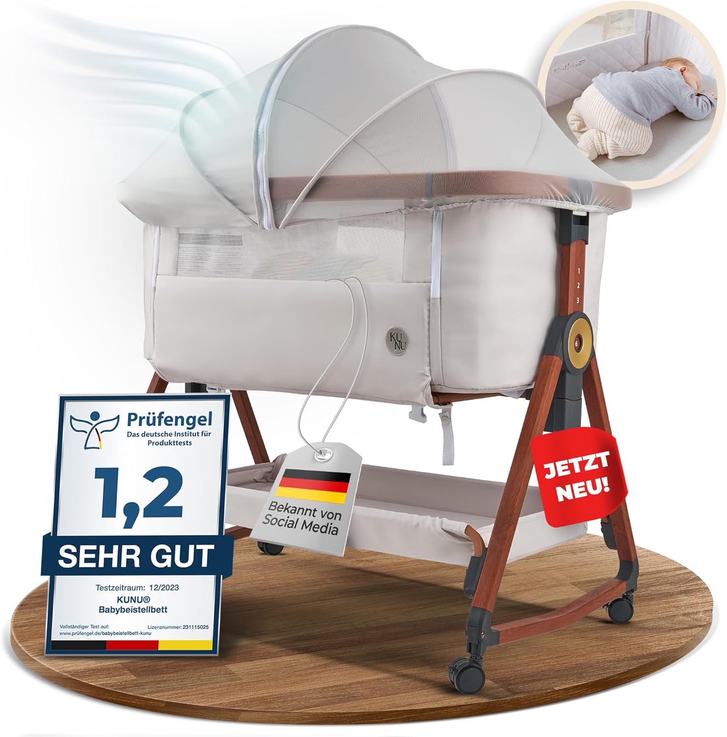 KUNU neues Baby-Beistellbett - Von Eltern für Eltern - Skandinavisches Design - Rollbar & Wiegefunktion - Höhenverstellbar - Babyoptimierte Matratze - inkl. Reisetasche