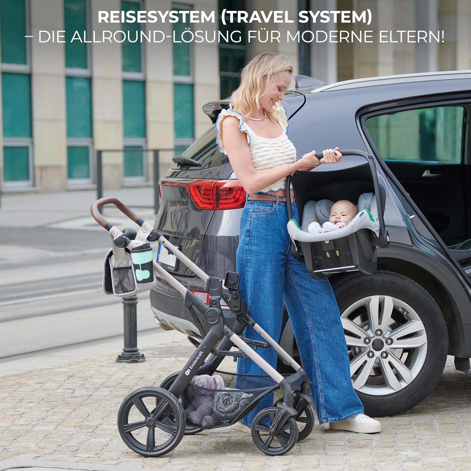 Kinderkraft MOOV2 AIR Kinderwagen 3 in 1 Kinderwagenset bis 26 kg mit Kindersitz I-SIZE 40-75 cm, Buggy Funktion, Liegeposition verstellbar, Große ausziehbare Verdeck, Aufblasbare Räder, Schwarz