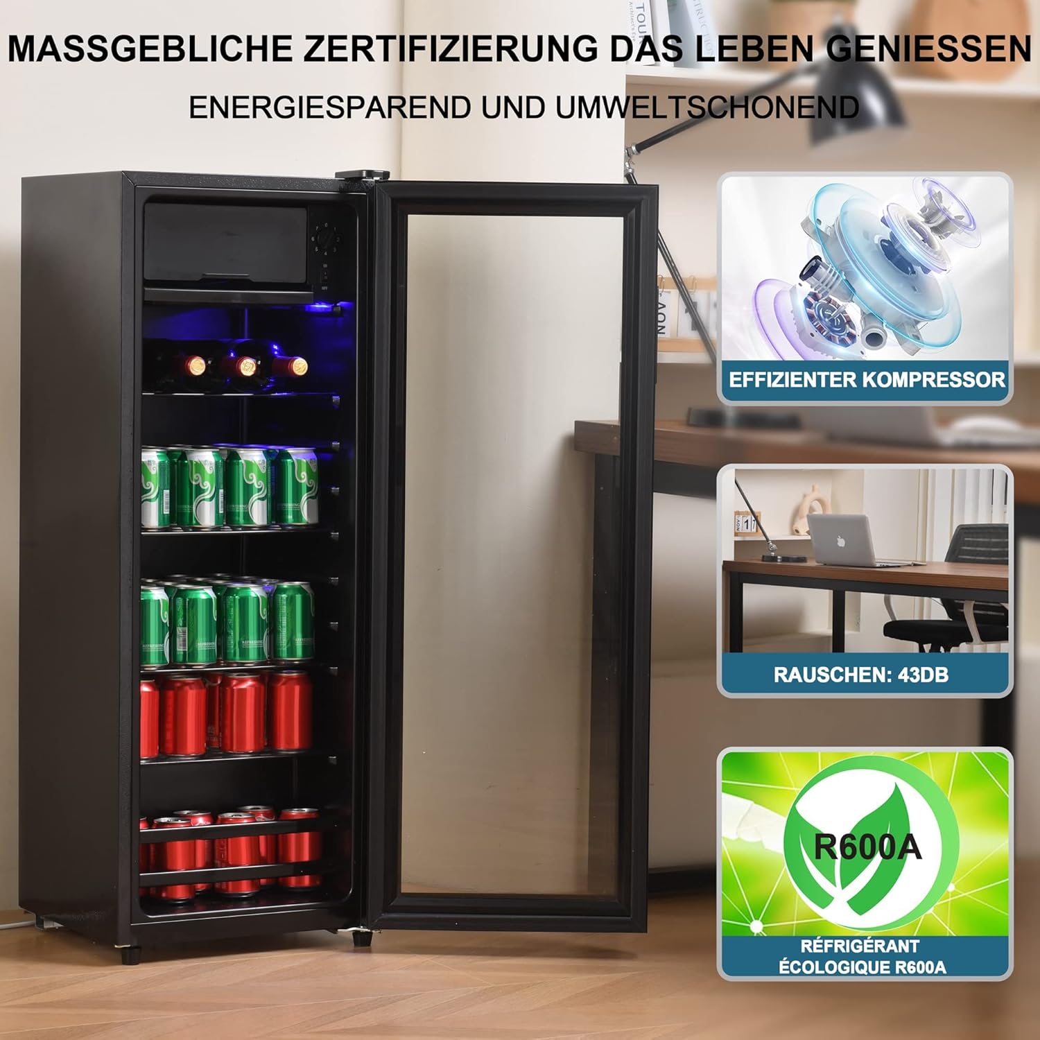 Merax Kühlschrank 128L, Freistehend Getränkekühler mit 120L-Kühlschrank + 8L-Gefrierschrank, mit LED-Innenbeleuchtung und Verstellbare Einlegeböden, Superleise für Restaurant, Bar, Getränke und Bier