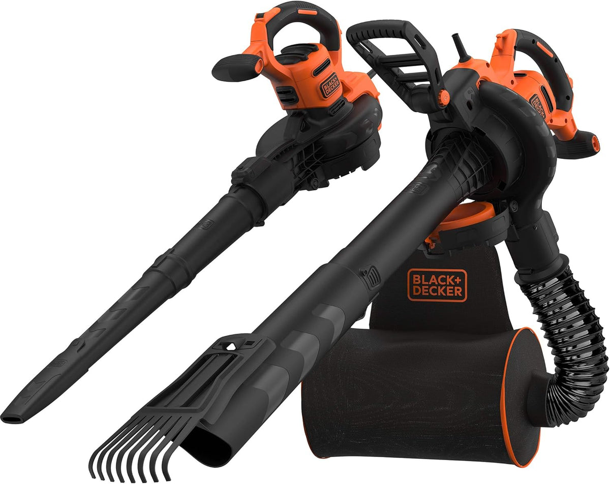 Black+Decker 3-in-1 Elektro-Laubsauger/Laubblser BEBLV301 (3.000 Watt, mit Hcksler + aufsteckbarem Laubrechen, 72l Fangsack-Rucksack - hohe Blasgeschwindigkeit & verstellbare Saugleistung)