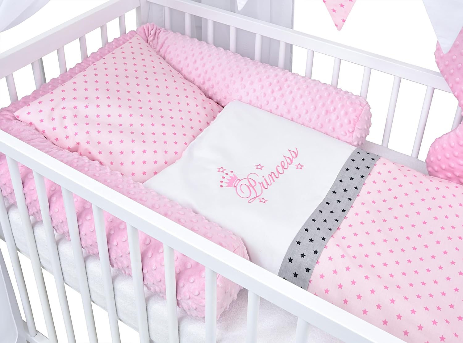 Baby Delux Babybett Komplett Set Hausbett 60x120 cm weiß Schublade Rausfallschutz Kinderbett Matratze Bettwäsche Deko Set (Prince Stars)