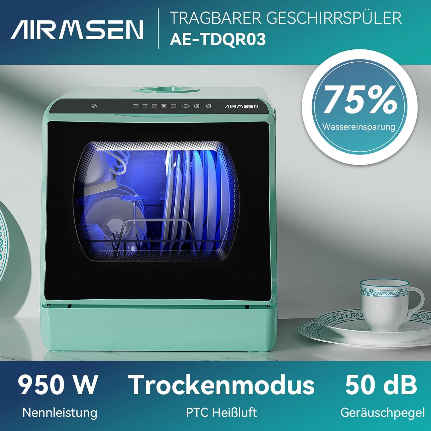 AIRMSEN Mini Geschirrspüler Tischgeschirrspüler mit 5+1 Programme 5L Wassertank, 2 Wege Wasserversorgung, Touch Control & LED-Display, Geeignet für Hausküchen, Wohnungen, Schlafsäle, Weiß & Schwarz