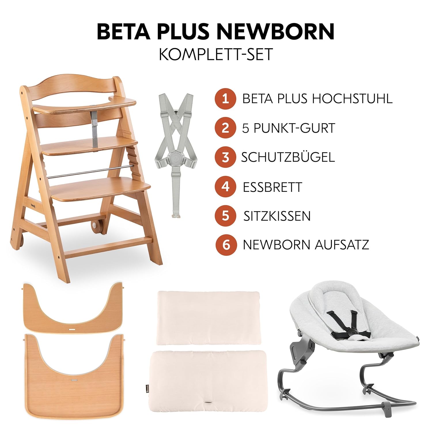 hauck Hochstuhl Beta+ Newborn Set Premium Dark Grey - Babyhochstuhl Set ab Geburt mit Neugeborenen Aufsatz Bouncer, Sitzpolster und Essbrett - Dark Grey