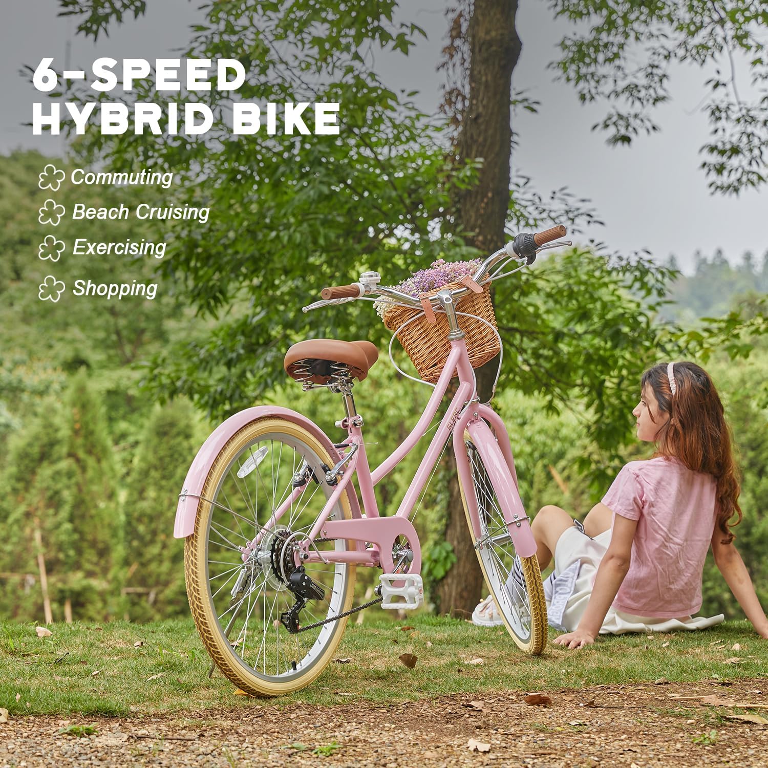 Glerc Missy 20 24 26 Zoll Mädchen City 6-Gang Hybrid Cruiser Fahrrad mit Weidenkorb für Jugend über 6-Jahre alt, mehrere Farben