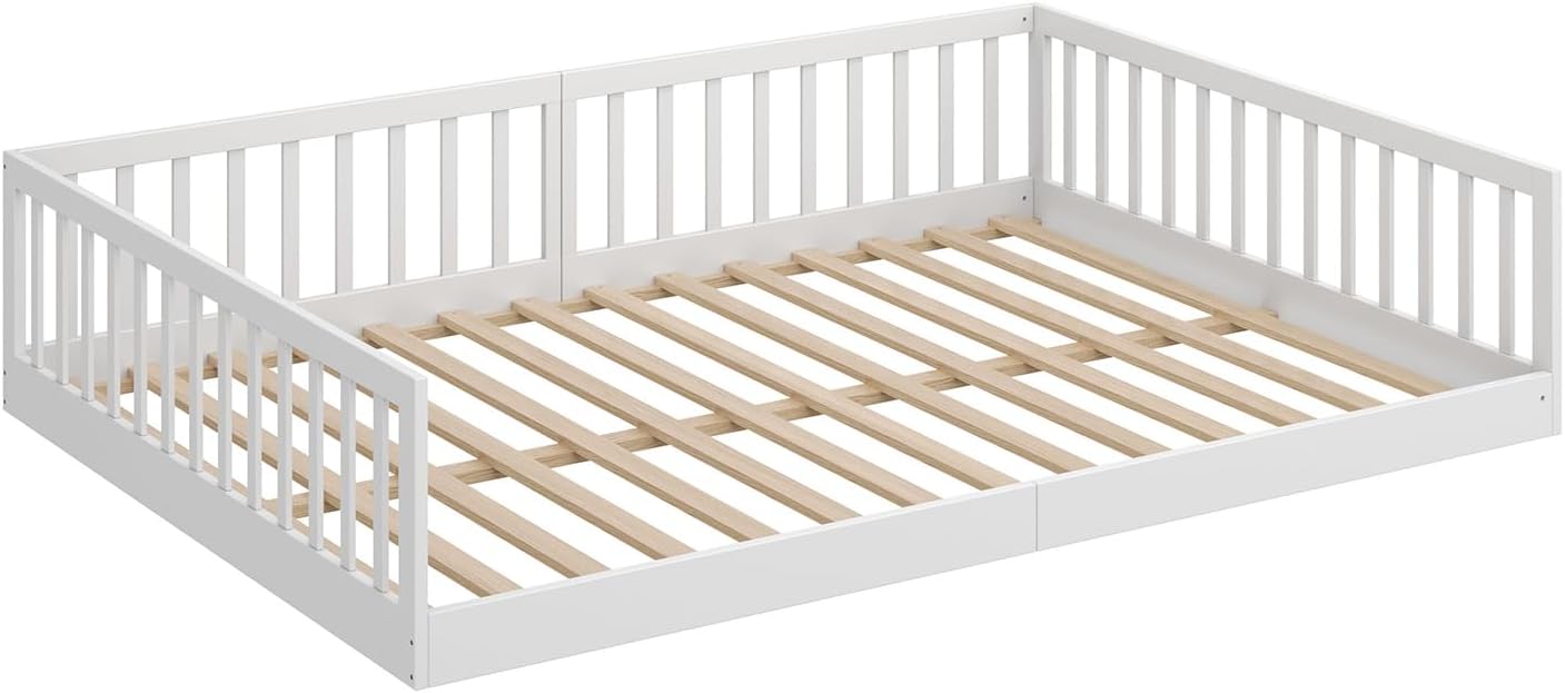 CADANI Timi 2in1 Bodenbett 140x200 cm Montessori Kinderbett mit abnehmbaren Rausfallschutz inkl. Lattenrost, Kiefer Massivholz, weiß - 3 Aufbauvarianten, bis 200 kg belastbar, umbaubar