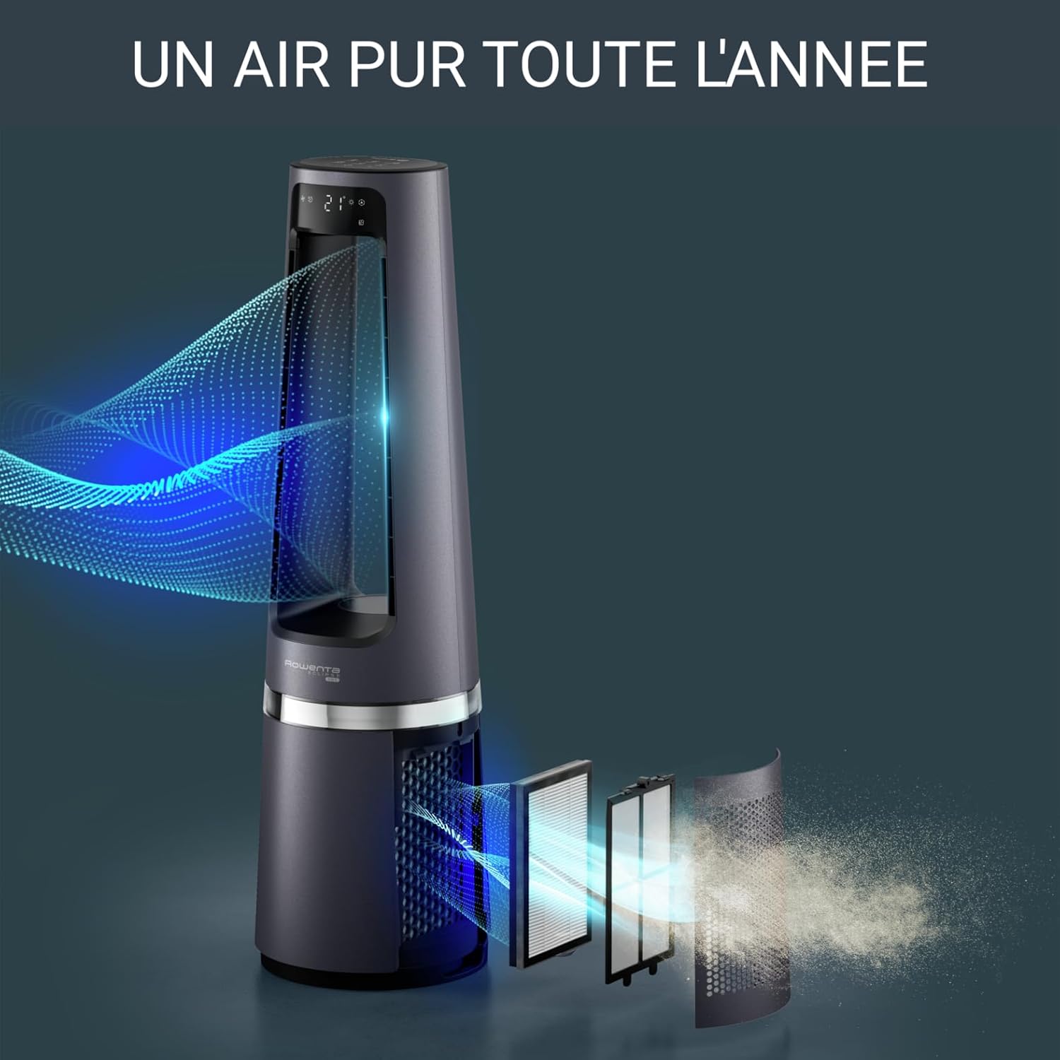Rowenta QU5062 Eclipse 3in1 Luftreiniger | Heizlüfter | Ventilator | filtert 99,9% der Partikel | für 30 m2 Raumgre | schnelle Heizung bis zu 35°C | automatischer Tag- und Nachtmodus | Schwarz/Grau