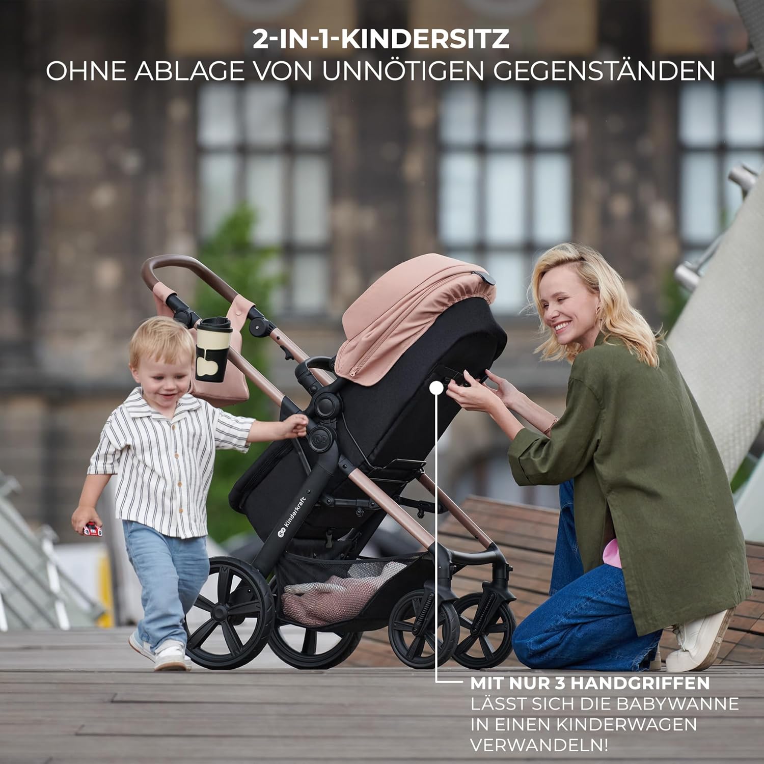 Kinderkraft MOOV2 AIR Kinderwagen 3 in 1 Kinderwagenset bis 26 kg mit Kindersitz I-SIZE 40-75 cm, Buggy Funktion, Liegeposition verstellbar, Große ausziehbare Verdeck, Aufblasbare Räder, Schwarz