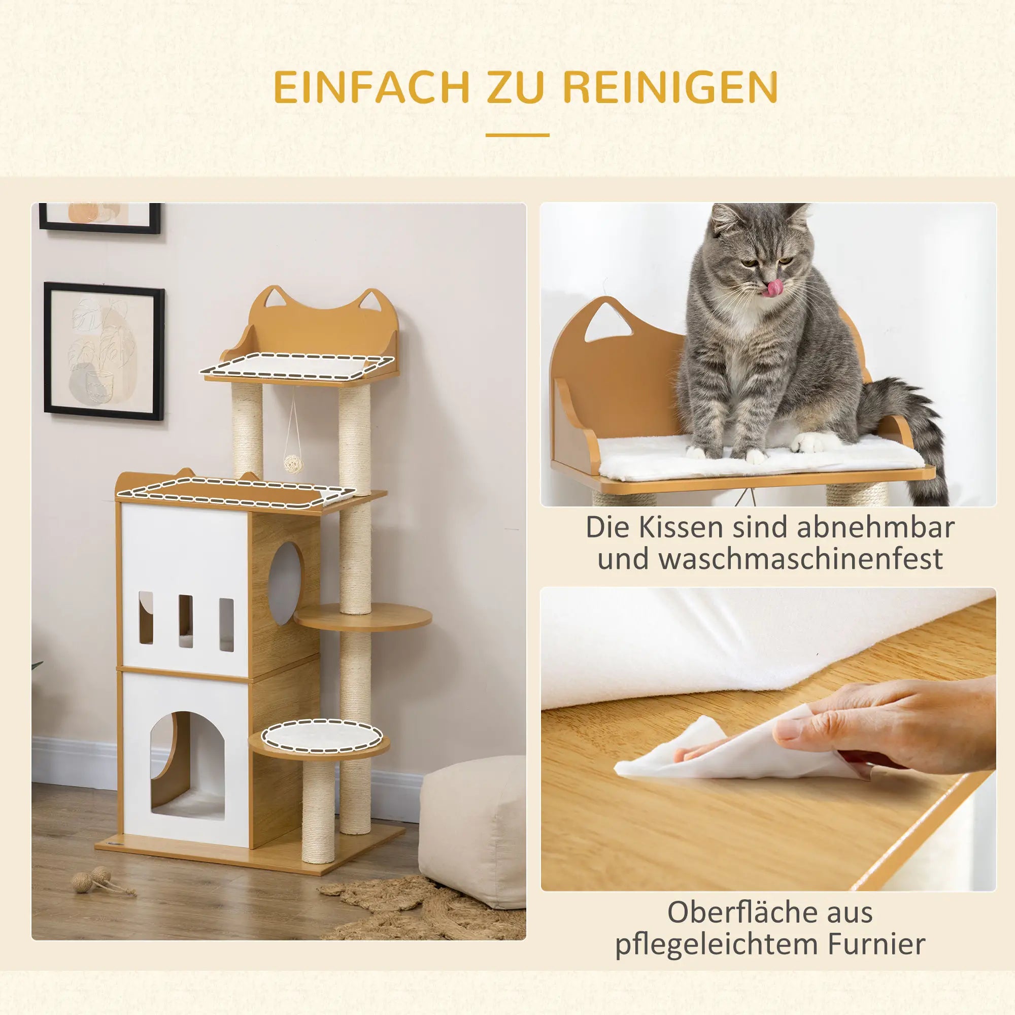 PawHut Kratzbaum Katzenmöbel mit Sisal-Kratzstämmen und Spielball Eiche Weiß