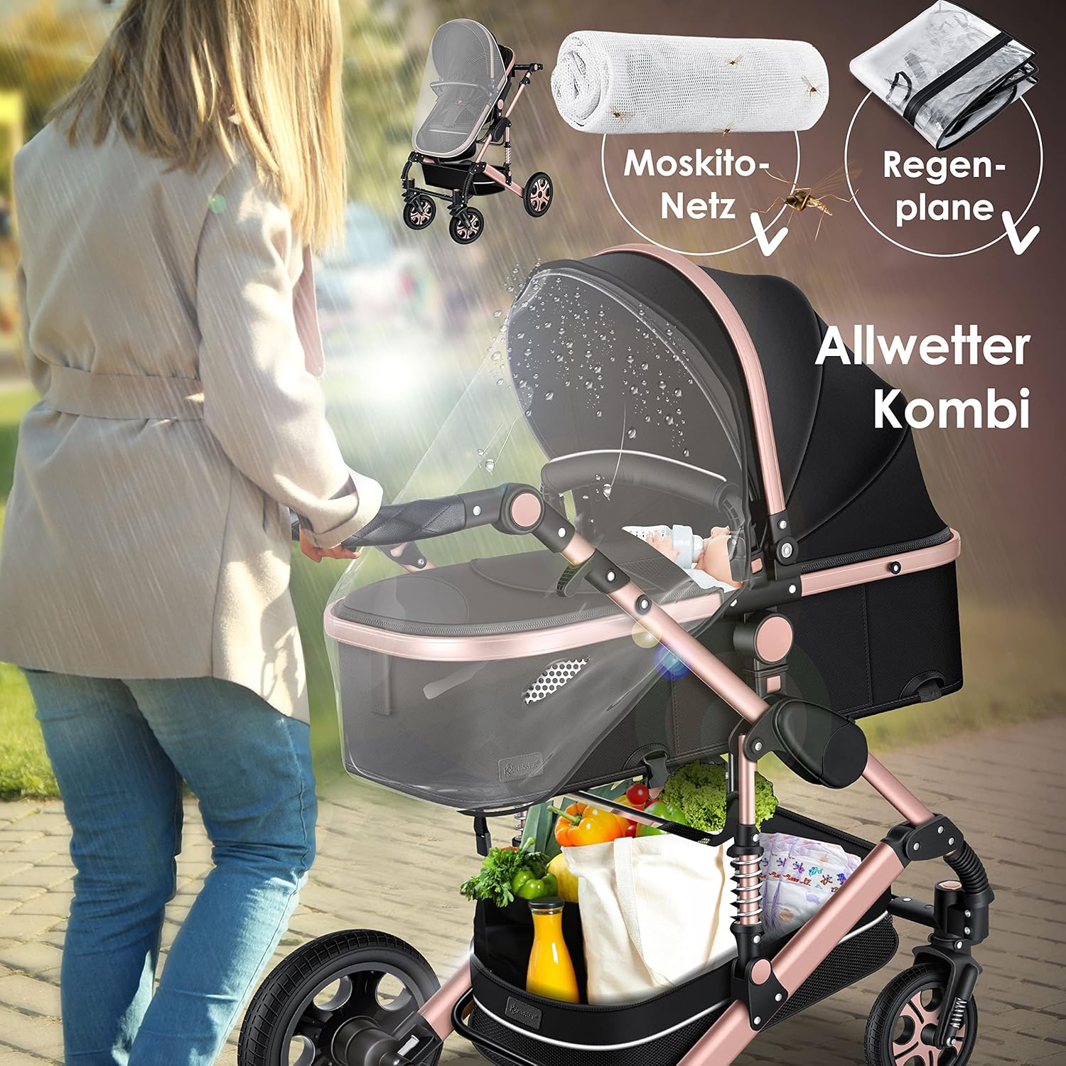 KESSER Loops 3 in 1 Kinderwagen Kombikinderwagen Komplett-Set inkl. Babywanne & Buggy Sportsitz & Auto-Babyschale Voll-Gummireifen Wickeltasche Regenschutz Kindertisch ECE R129, Schwarz/Champagne
