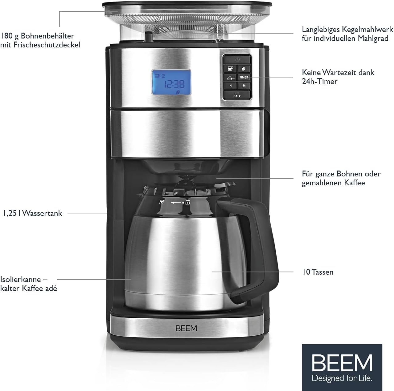 BEEM FRESH-AROMA-PERFECT II Filterkaffeemaschine mit Mahlwerk - Thermo | Edelstahl | Thermokanne | 24h-Timer | 1000 W | 180 g Bohnenbehälter