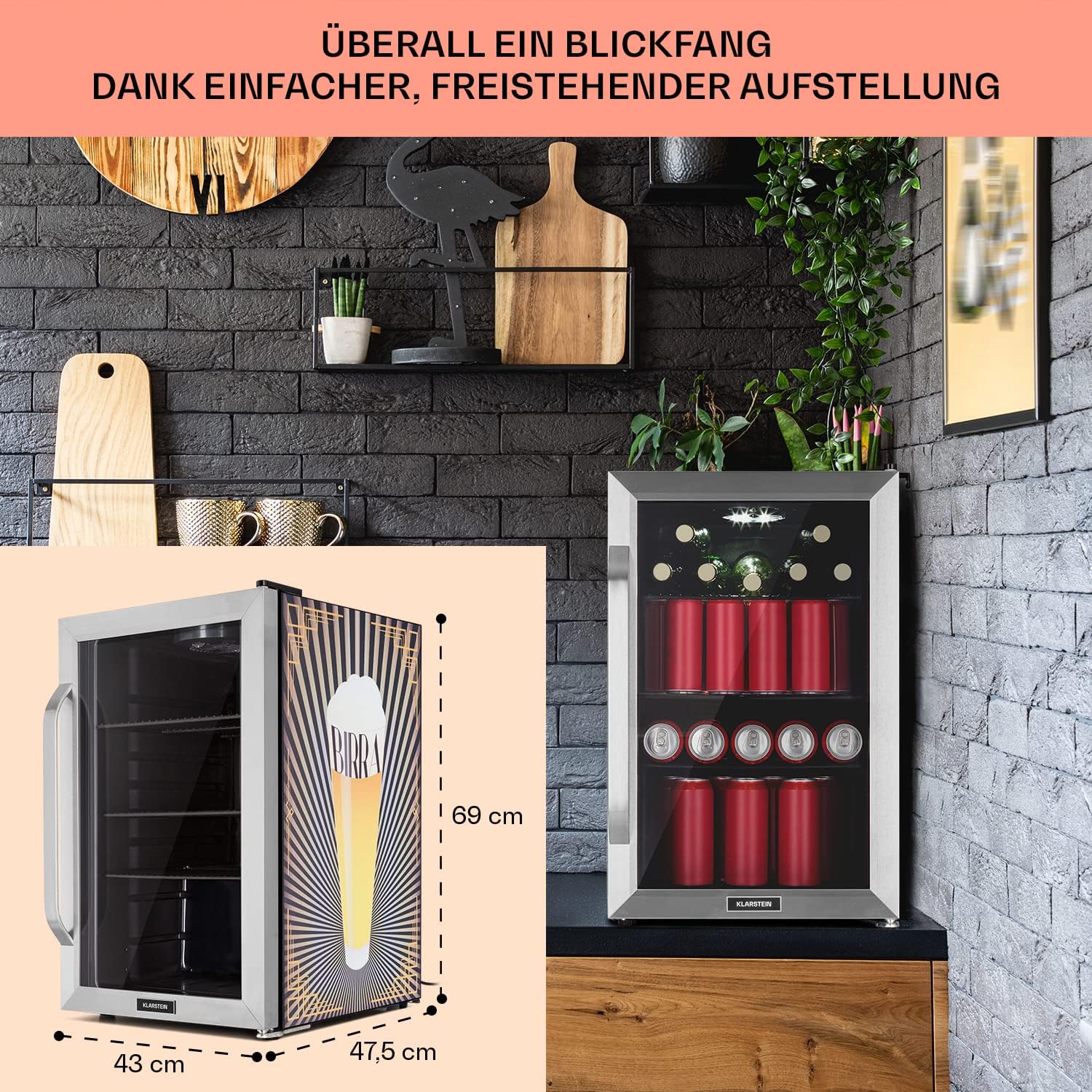 Klarstein Kühlschrank 70L, Kleiner Kühlschrank mit Herausnehmbaren Ablagen, Leiser Mini Kühlschrank mit Glastür & LED, Getränkekühlschrank Klein, Outdoor Geeignet, Biersafe für Flaschen, 0-10°C