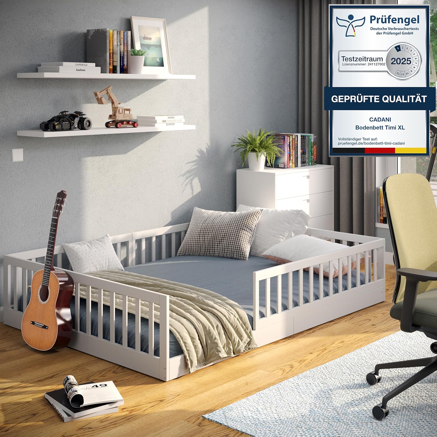 CADANI Timi 2in1 Bodenbett 140x200 cm Montessori Kinderbett mit abnehmbaren Rausfallschutz inkl. Lattenrost, Kiefer Massivholz, weiß - 3 Aufbauvarianten, bis 200 kg belastbar, umbaubar