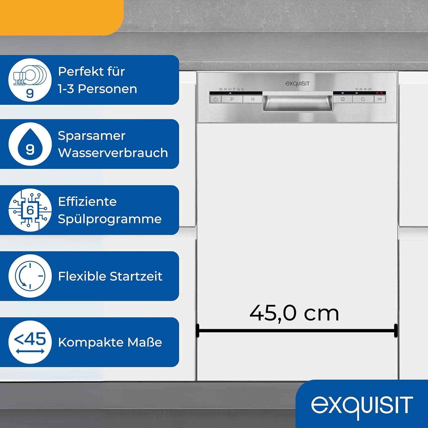 Exquisit Geschirrspüler, Spülmaschine, 45 cm Breite, Teilintegriert, 9 Maßgedecke, 9 Liter, Startzeitvorwahl, ECO-Modus, Geschirrspüler 45 cm, EGSP51009-EB-030E inox