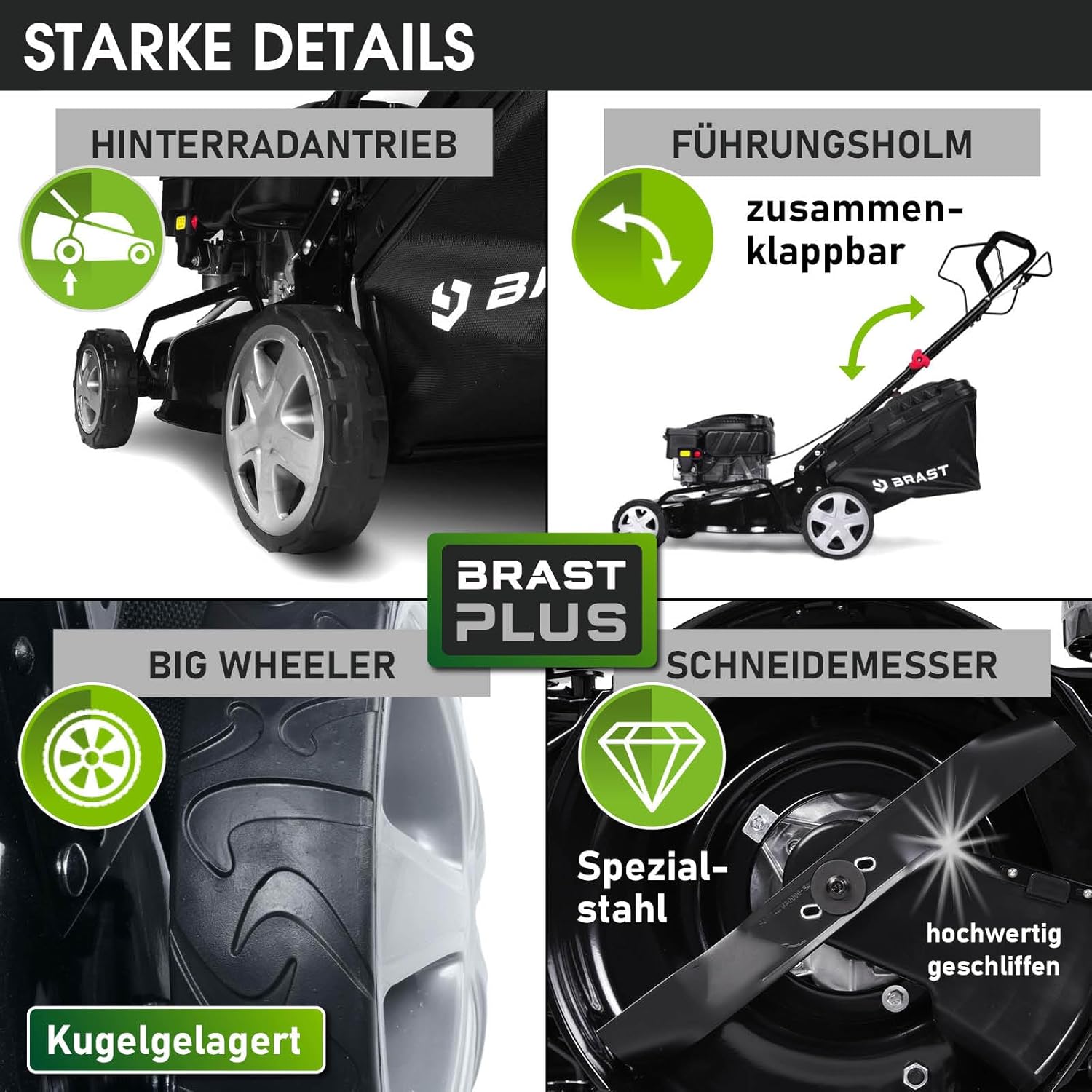 BRAST Benzin Rasenmäher mit Antrieb | 3,0kW (4,1PS) | Elektrostart | 41cm Schnittbreite | viele Modelle | TÜV | 4 Takt OHV Motor | 25-75mm Schnitthöhe | 40L Fangkorb | Stahlgehäuse | 16145 Estart